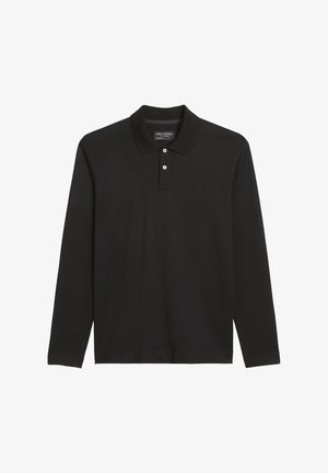 Zwarte longsleeve polo hemd van gladde stof, met een klassieke kraag, een drie-knopen sluiting en een subtiele merklogo op de borst.