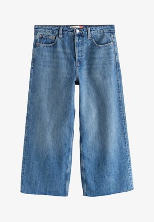 Blå denimjeans med vide ben, forlommer, bæltestropper, knap- og lynlås-lukning, mærket "CROP WIDE" indvendigt i linningen.