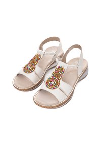 Weiße Ledersandalen mit drei runden, bunten Perlenakzenten. Offenes Zehendesign, geflochtenes Fersenband und strukturierte Sohle. Größe 37.