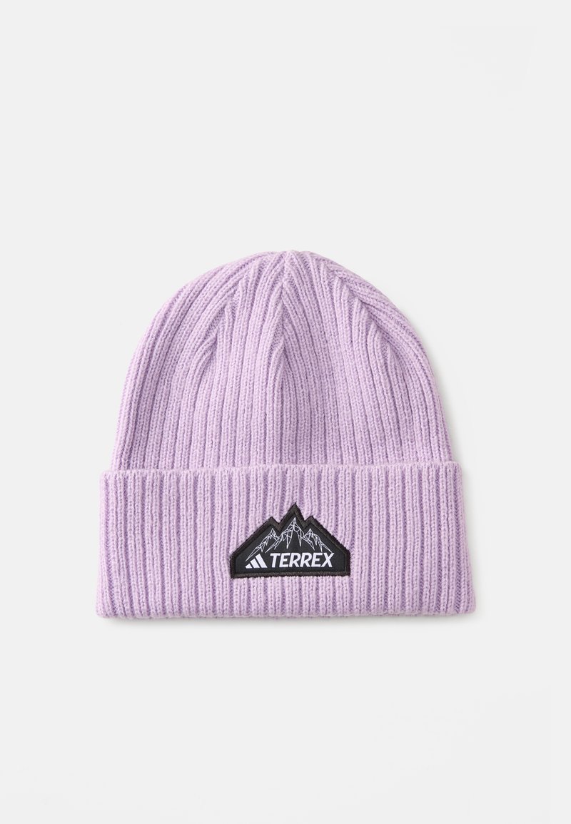 Lilac knitted beanie with ribbed texture, featuring a black triangular patch with mountain graphics and "TERREX" logo.