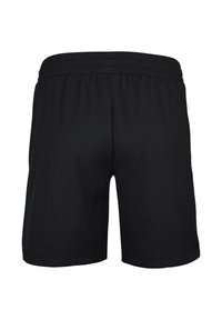 Pantalones de baño ligeros y negros con una cintura elástica. Presentan una textura simple y suave, con un corte a mitad del muslo. Sin acentos visibles ni patrones.