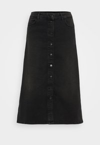 Svart denim midikjol med knapprad framtill, fem funktionella fickor och en lätt A-linjeformad siluett. Hållbart tyg med en slät yta.