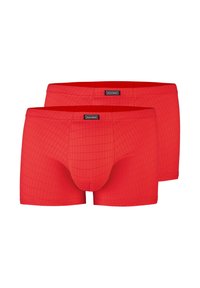 Røde boxershorts med et gittermønster, lavet af strækbart materiale, med en sort label på taljen. To par inkluderet.