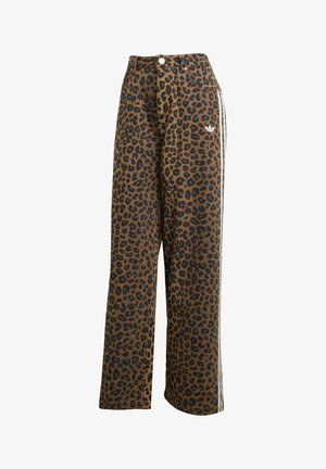 Leopardenmuster breite Hosen in Braun mit schwarzen Flecken, mit hoher Taille und weißen Seitenstreifen, aus Baumwollstoff gefertigt.