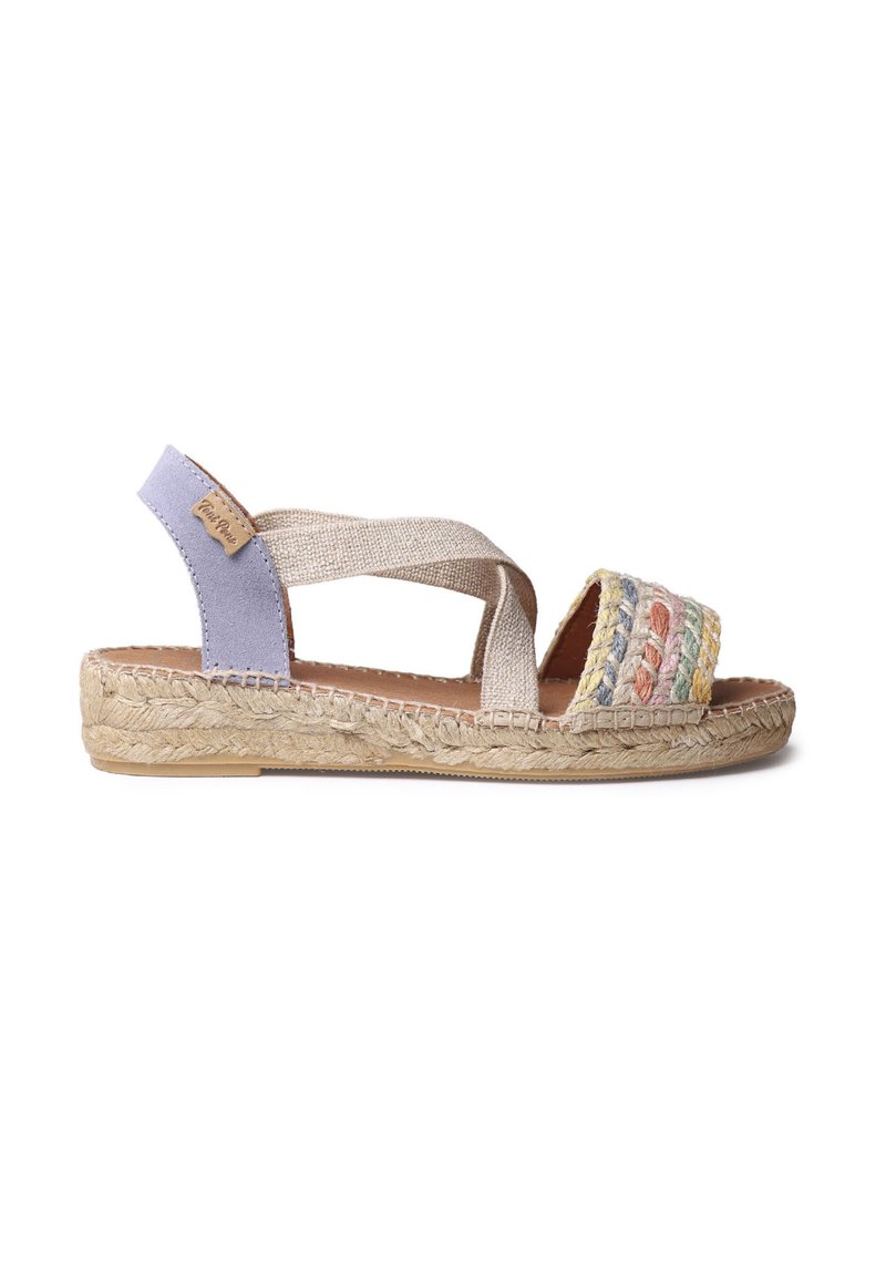 Espadrille sandal featuring a beige woven fabric upper, lavender accents, multicolored embroidered band, and a jute rope sole.