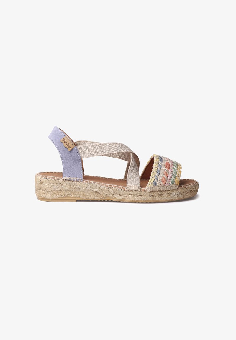 Espadrille sandal featuring a beige woven fabric upper, lavender accents, multicolored embroidered band, and a jute rope sole.