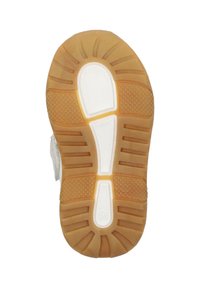 Semelle de chaussure avec une base en caoutchouc texturé, des bords en caoutchouc brun clair et des détails en mousse blanche pour une adhérence et une stabilité.