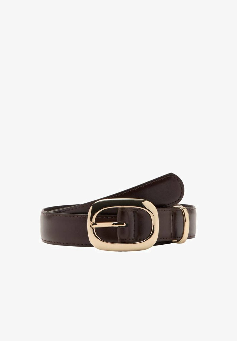 Brown leather belt with a smooth texture, featuring a shiny gold-tone buckle and a single loop for adjustment. Sleek, classic design.