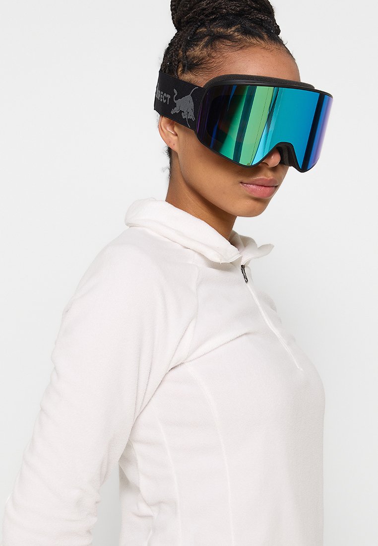 Gogle narciarskie z czarnym, wyściełanym paskiem, lustrzanymi soczewkami w kolorze niebiesko-zielonym oraz dużym, otaczającym projektem, zapewniającym szeroką osłonę oczu.