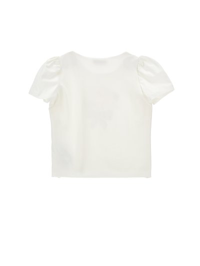 Λευκό κοντομάνικο τοπ με φουσκωτά μανίκια και στρογγυλό λαιμόκοψη, εμφανιζόμενο από πίσω σε λευκό φόντο.