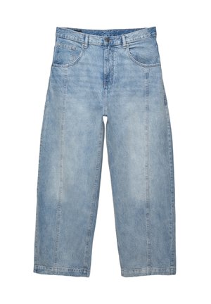 Helle blaue, weite Denim-Jeans mit hoher Taille, ausgestattet mit Fronttaschen und einem Reißverschluss. Zerrissene Textur mit horizontalen Nähten.