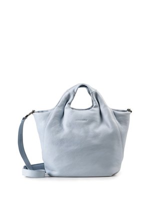 Lichtblauwe zachte leren handtas met korte handvatten en een afneembare schouderriem, gebrandmerkt met "mates & uncles" aan de voorkant in het midden.