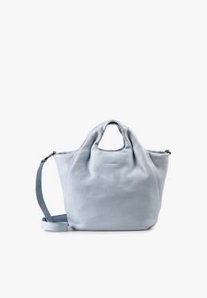 Light blue soft leather handbag with short handles and a detachable shoulder strap, branded "mates & uncles" on the front center.