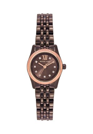 Barna rozsdamentes acél Michael Kors karóra rózsaarany lünettával, kristályos órákkal és kapcsolt karkötőpánttal.