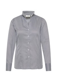 Long-sleeve blouse in blue and white geometric print, featuring a stand collar, button front, and smooth fabric texture.