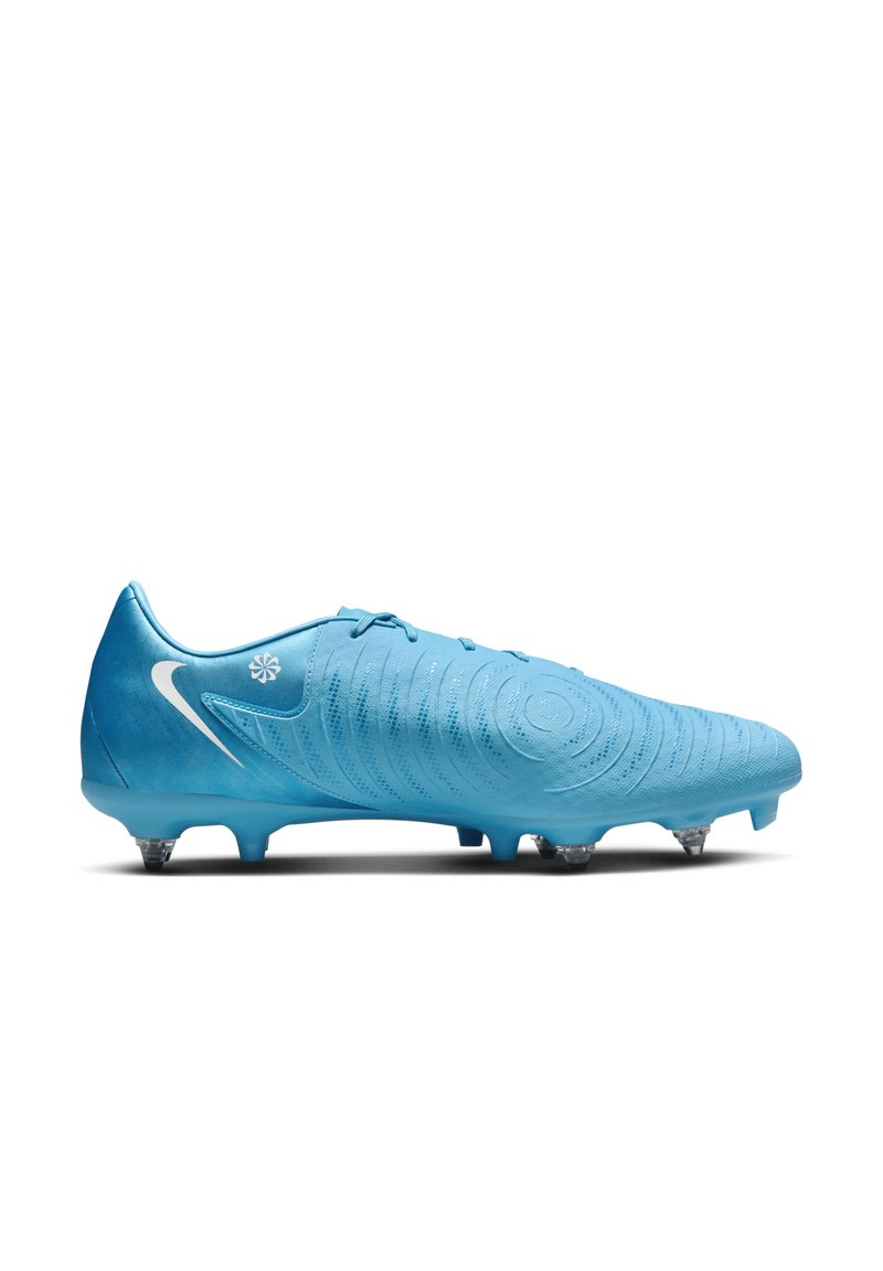 Chaussure de football bleue avec un design texturé, des motifs courbes sur la tige et des accents blancs. Elle dispose de crampons moulés pour l'adhérence. Lacets inclus.