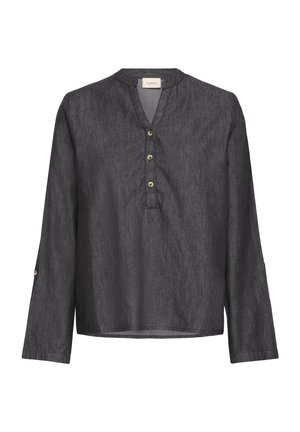 Mørkegrå langærmet bluse med mandarin-krave, tre knaplukninger og knapstropper på ærmerne, set forfra mod hvid baggrund.