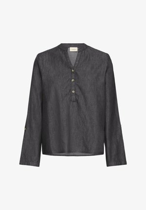 Sötétszürke, hosszú ujjú blúz mandarin gallérral, három gombos kivágással és gombos ujjtartókkal, elölről nézve fehér háttéren.