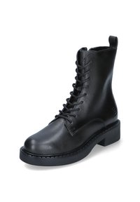 Zwarte leren enkellaars met een ronde neus, vetersluiting aan de voorkant en rubberen zool. Beschikt over een gestructureerde afwerking en een klein achtertabje.