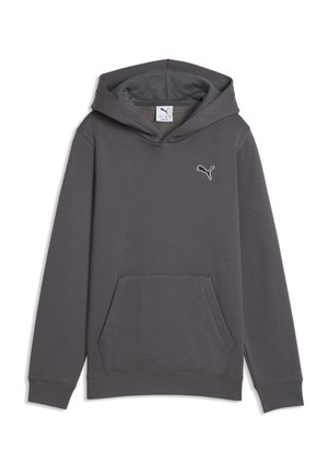 Mørkegrå hættetrøje med kængurulomme og lille hvid Puma-logo på venstre bryst, vist fladt på hvid baggrund.