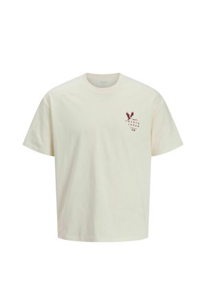 Off-white kortærmet T-shirt med rund hals og lille mørkerød grafik af to fugle og teksten "Kyoto Japan" på venstre bryst.