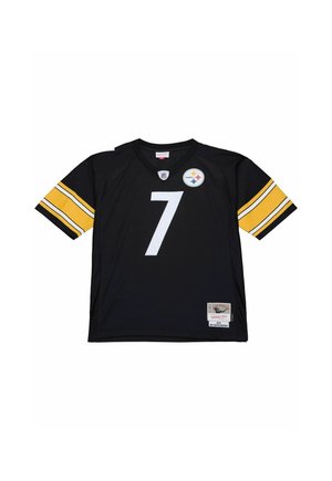 Maglia da football nera dei Pittsburgh Steelers con il numero 7, maniche a righe gialle e logo della squadra sul petto.