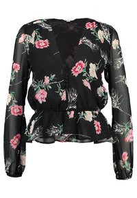 Blusa nera trasparente a maniche lunghe con stampa floreale in rosa e bianco, scollatura a V profonda, chiusura con bottoni e dettaglio in peplum in vita.