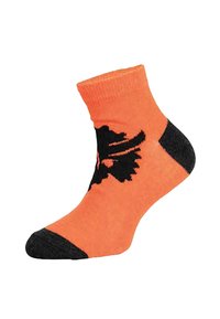 Orange Sock mit schwarzem Grafikdesign. Verfügt über einen gerippten Saum, verstärkten Fersen und Zehen. Hergestellt aus einem weichen, dehnbaren Material.