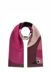 Rechthoekige sjaal van zachte stof, met een gedurfde abstracte design in roze, zwart en aardetinten, gladde textuur en gelaagde patronen.