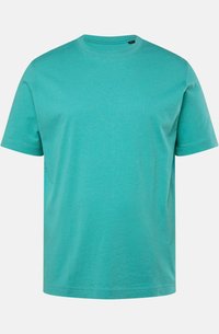 T-shirt in cotone turchese, maniche corte, scollatura rotonda, vestibilità morbida, texture liscia, con un discreto logo del brand sul davanti.