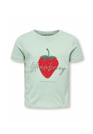 Light green cotton t-shirt featuring a large red strawberry graphic. Text reads "Strawberry" and "I like you berry much" in dark green.