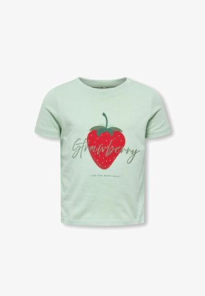 Light green cotton t-shirt featuring a large red strawberry graphic. Text reads "Strawberry" and "I like you berry much" in dark green.