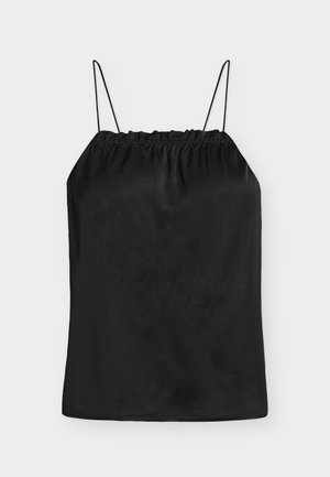Μαύρο σατέν καμισολέ με λεπτές τιράντες και σούρα στο ελαστικό ντεκολτέ, απεικονισμένο σε απλό ανοιχτό φόντο.