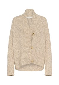 Beige chunky Strickjacke mit geripptem Schalkragen, drei großen Knöpfen auf der Vorderseite, langen Ärmeln und einem leicht verlängerten Rückensaum.