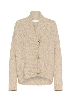 Beige chunky knit cardigan with ribbed shawl collar, three large buttons down front, long sleeves, and a slightly longer back hem.