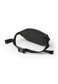 Black synthetic waist bag with geometric textured pattern, zippered compartment, and adjustable strap featuring a plastic buckle.