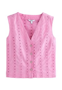 Top senza maniche rosa con scollatura a V, caratterizzato da fori occhiellati in un motivo a scallop e cinque bottoni decorativi sul davanti.