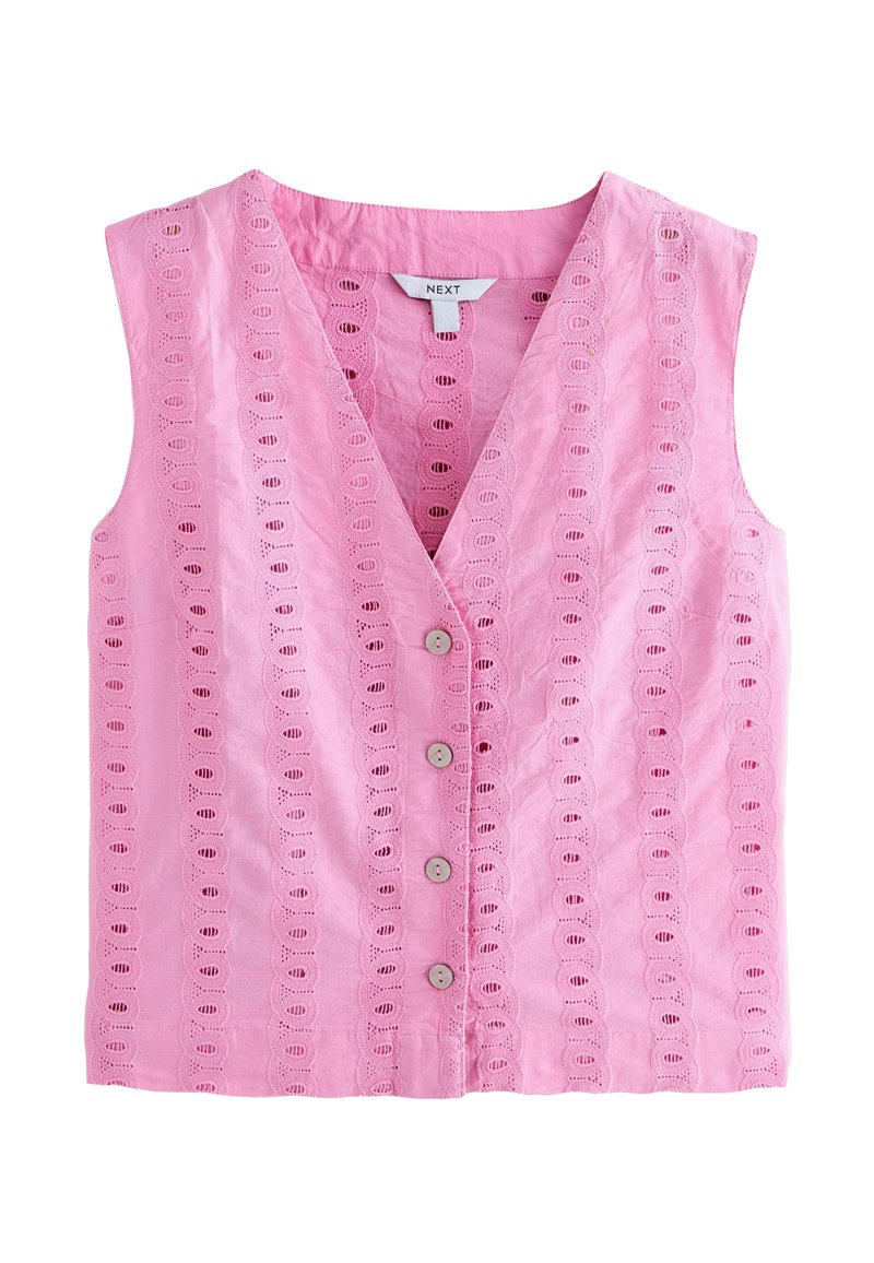 Top senza maniche rosa con scollatura a V, caratterizzato da fori occhiellati in un motivo a scallop e cinque bottoni decorativi sul davanti.
