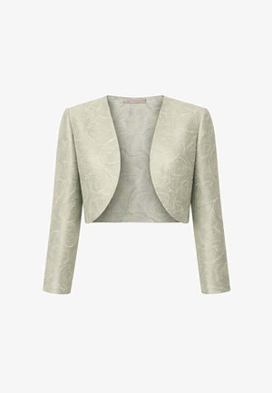 Giacca corta verde chiaro con maniche lunghe, davanti aperto e trama sottile a motivo di rose sul tessuto.