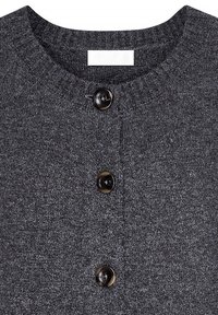 Pelēks adīts džemperis ar apaļu apkakli, trīs lieliem melniem pogām priekšpusē un maigu tekstūru. Zīmola birka redzama pie apkakles.