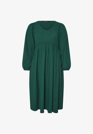 Groene langharige jurk met een gestructureerde stof, voorzien van een ronde halslijn en een geraffineerde taille voor een losse pasvorm.