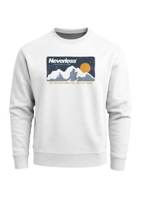 White sweatshirt made of cotton blend, featuring a blue mountain graphic, an orange sun, and text reading "Neverless Expedition."