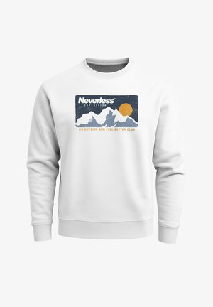 Weißes Sweatshirt aus Baumwollmischung mit einem blauen Berggrafik, einer orangen Sonne und dem Schriftzug "Neverless Expedition."