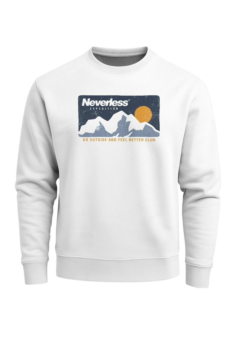 White sweatshirt made of cotton blend, featuring a blue mountain graphic, an orange sun, and text reading "Neverless Expedition."