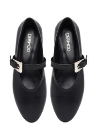 Zwarte leren Mary Jane schoenen met een ronde neus, platte zool en een enkele gespsluiting. Gladde textuur en minimalistisch ontwerp.