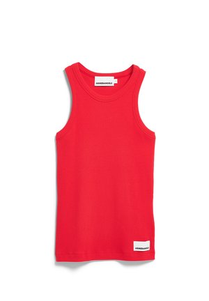 Rotes, geripptes Tanktop aus weichem Stoff mit rundem Ausschnitt, breiten Armausschnitten und einem kleinen Markenetikett unten links.