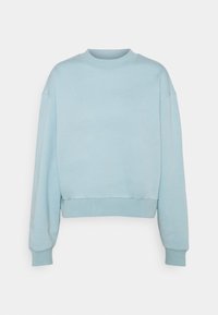 Sweatshirt cropped di colore azzurro chiaro realizzato in tessuto morbido. Presenta un colletto rotondo e maniche lunghe, leggermente svasate, con polsini a coste.