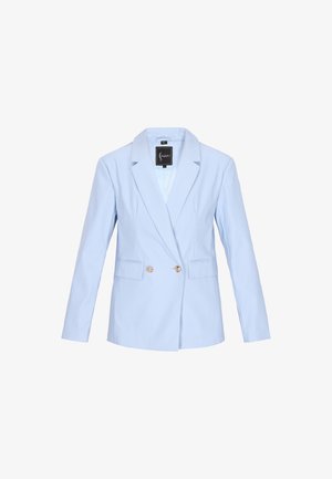 Lyseblå blazer lavet af glat stof, med dobbeltradet design, notched lapels og to frontlommer med metalliske knapper.