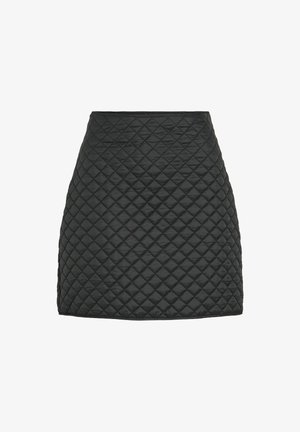 Juoda kvadratinė mini sijonas su deimanto raštu, plokščiu juosmeniu ir lygiu paviršiumi. Pagamintas iš lengvos, tekstūruotos medžiagos.