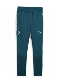Pantalones deportivos en color teal con textura de malla, cinturilla elástica, bolsillos laterales y acentos de logo; presenta patrones geométricos coloridos en los laterales.